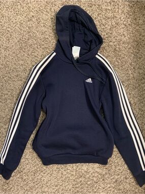 adidas Navy Pullover Hoodie with White Stripe Accents